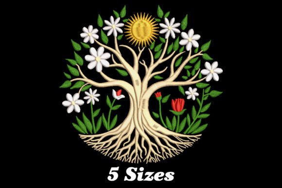 Tree Flowers and Sun Embroidery Design